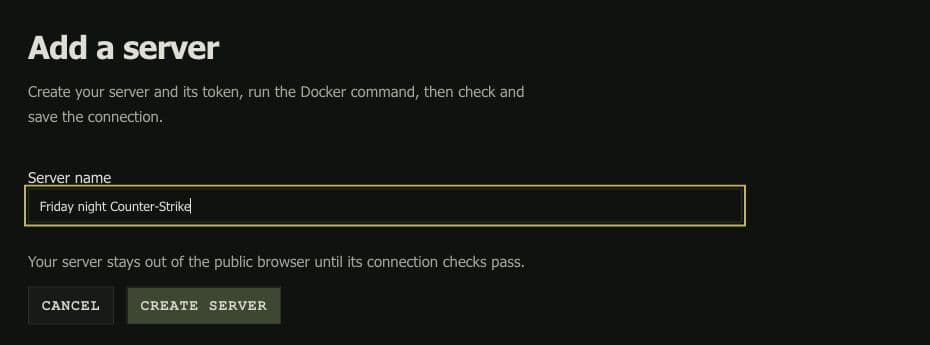Add a server form with the example name Friday night Counter-Strike and a Create server button.