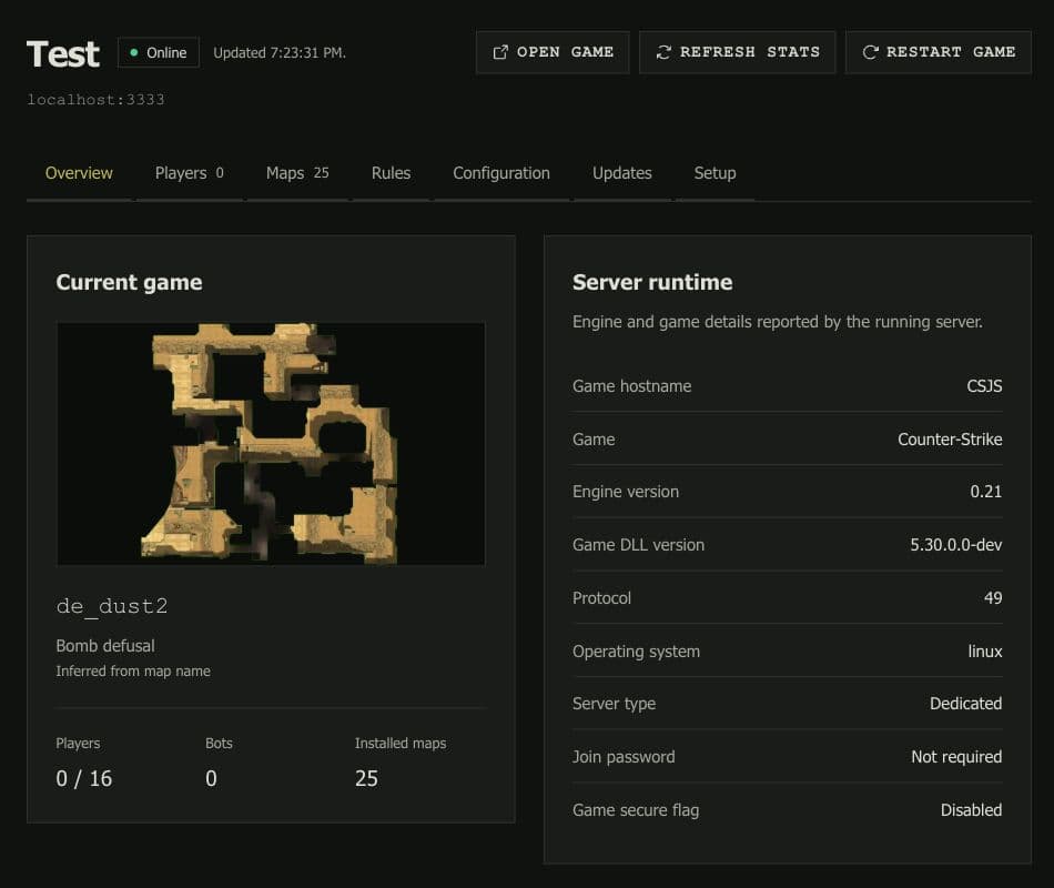 Example server dashboard showing online status, the Dust 2 map, player counts, and tabs for maps, rules, configuration, updates, and setup.